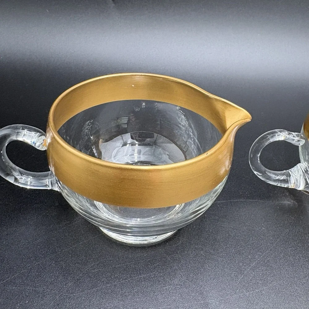 Vtg Dorothy Thorpe Glass Sugar Creamer Set Gold Band 60s MCM Retro